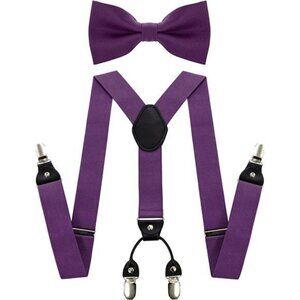 Mens Solid Color Suspenders Adjustable Y Back with Matching Silk Bow Tie Set